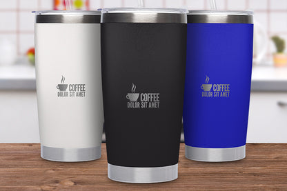 Three insulated tumblers in white, black, and blue with coffee-themed design on a wooden surface.